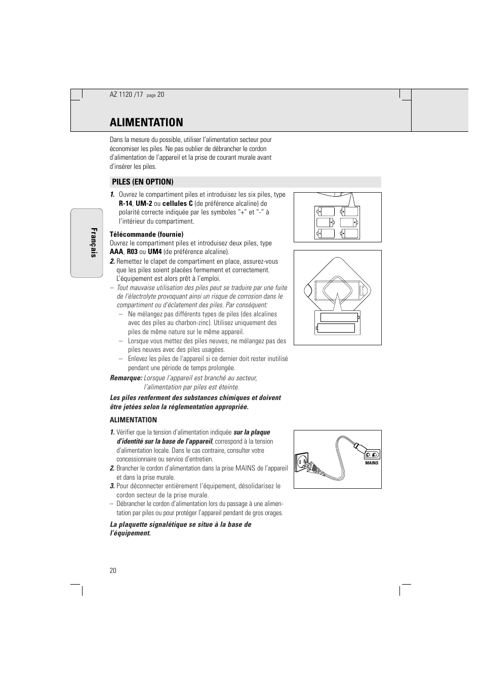 Alimentation | Philips PORTABLE RADIO CASS REC + CD User Manual | Page 20 / 38