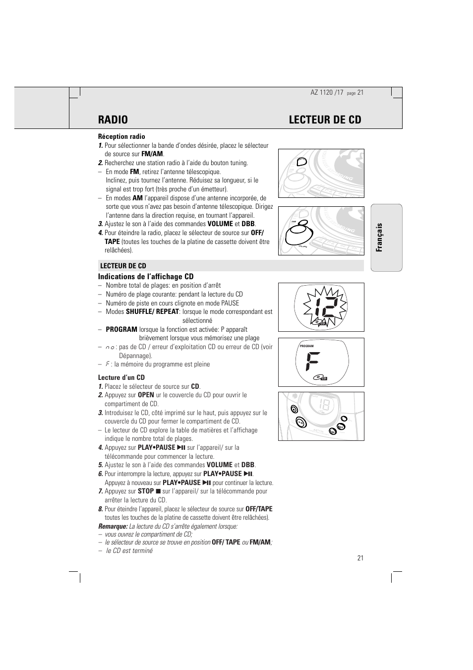 Radio lecteur de cd, Indications de l’affichage cd, Français | Philips PORTABLE RADIO CASS REC + CD User Manual | Page 21 / 38