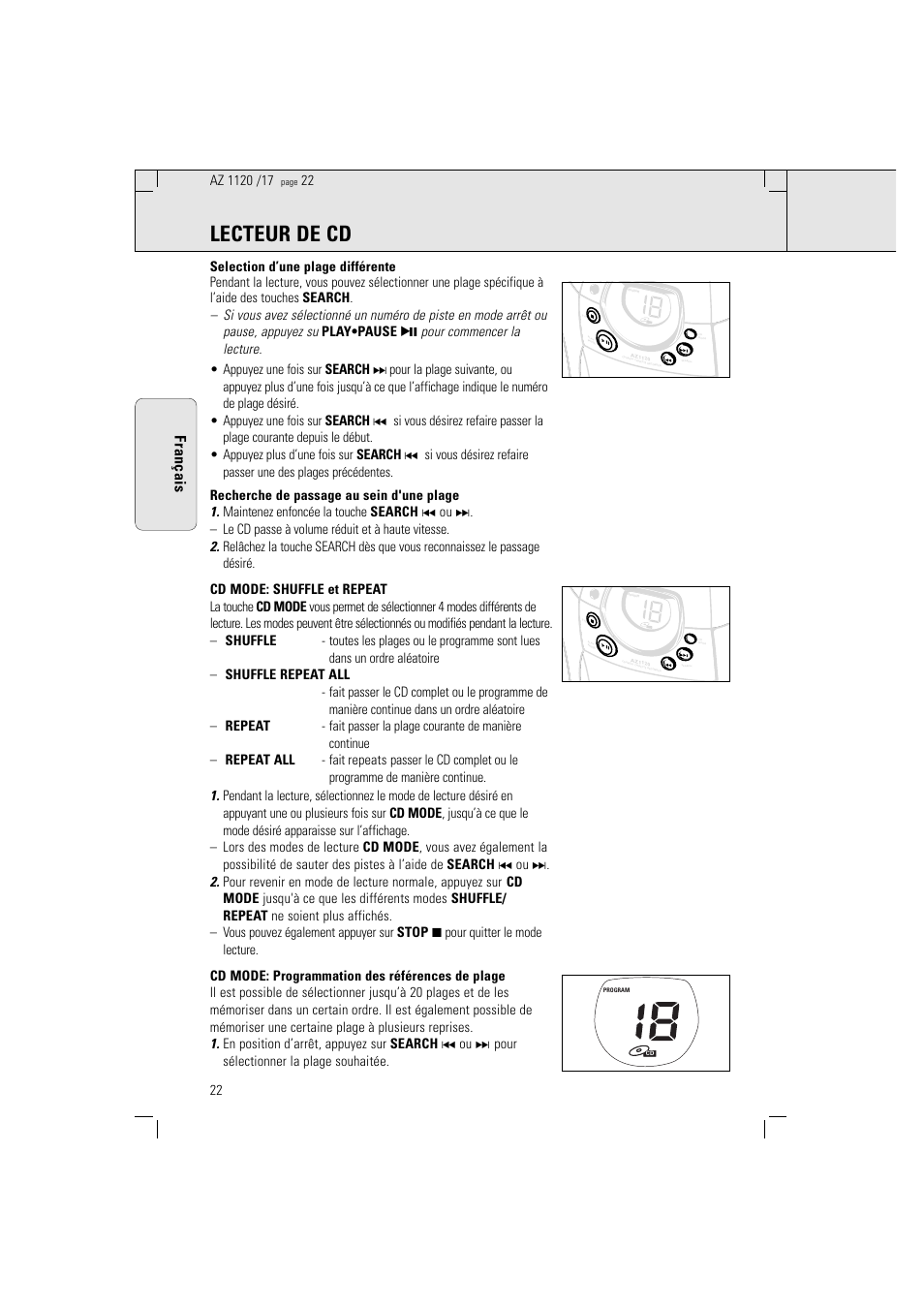 Lecteur de cd, Français | Philips PORTABLE RADIO CASS REC + CD User Manual | Page 22 / 38