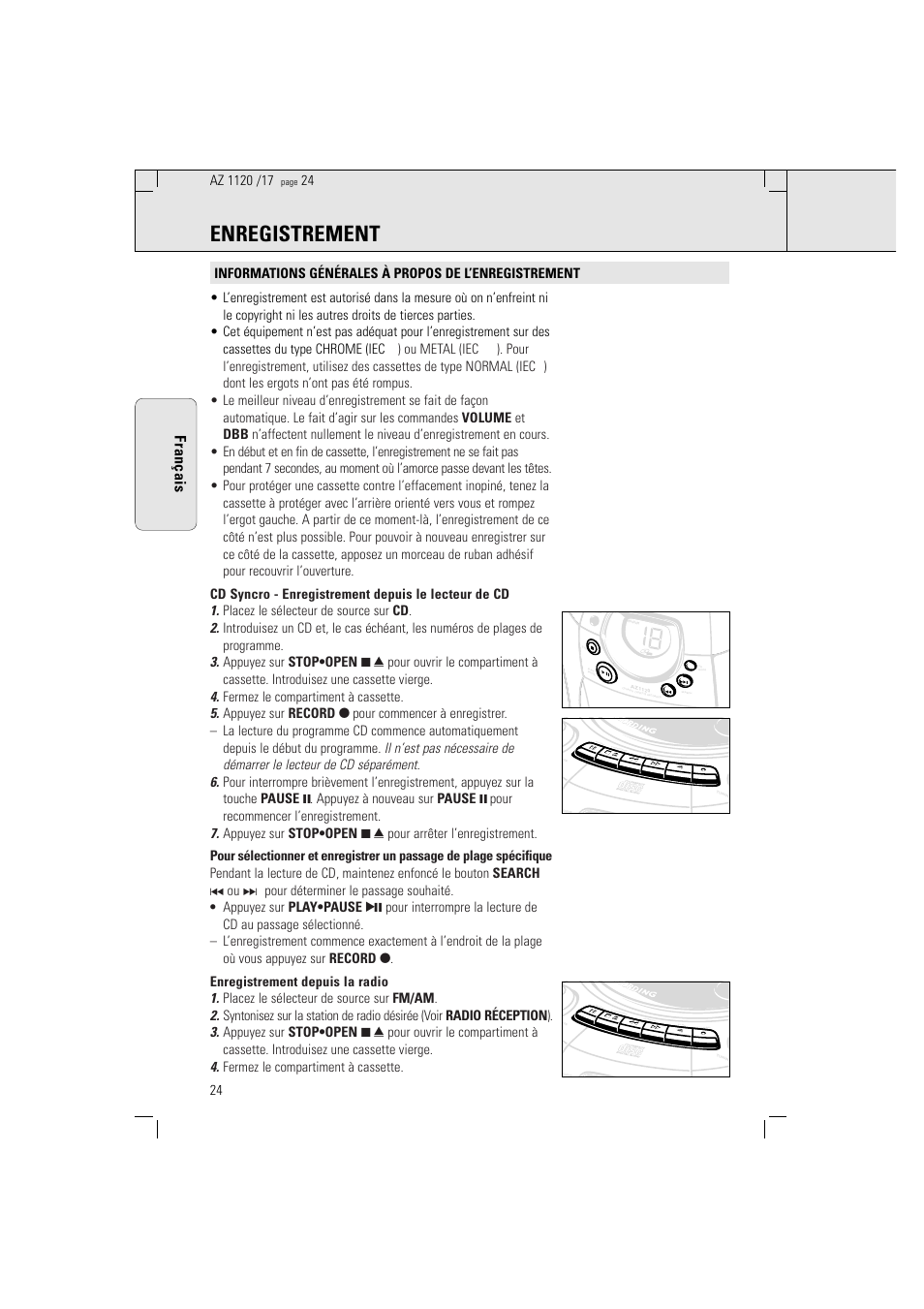 Enregistrement, Français, Record play | Philips PORTABLE RADIO CASS REC + CD User Manual | Page 24 / 38