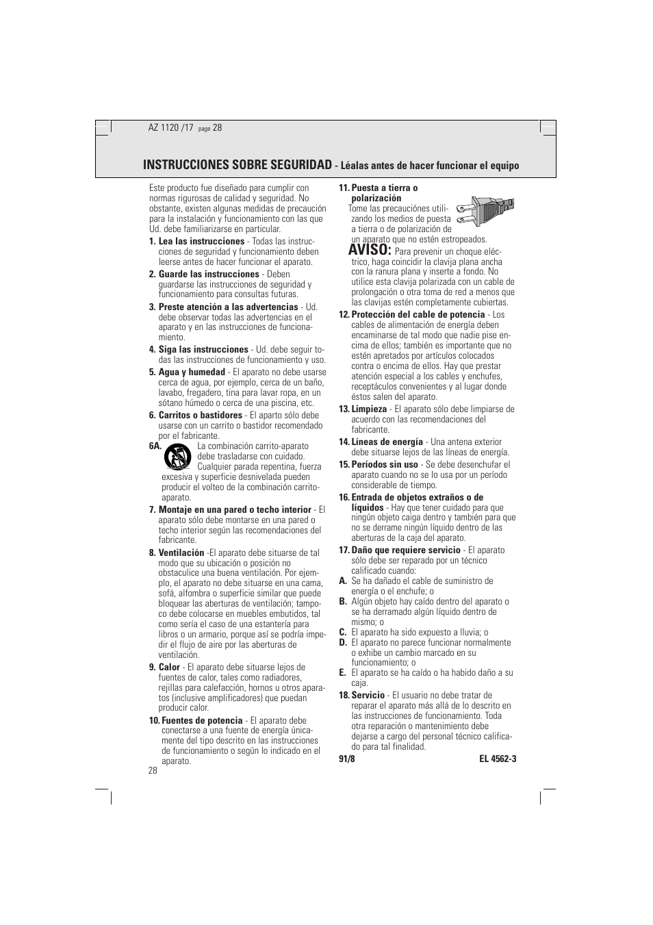 Aviso, Instrucciones sobre seguridad | Philips PORTABLE RADIO CASS REC + CD User Manual | Page 28 / 38