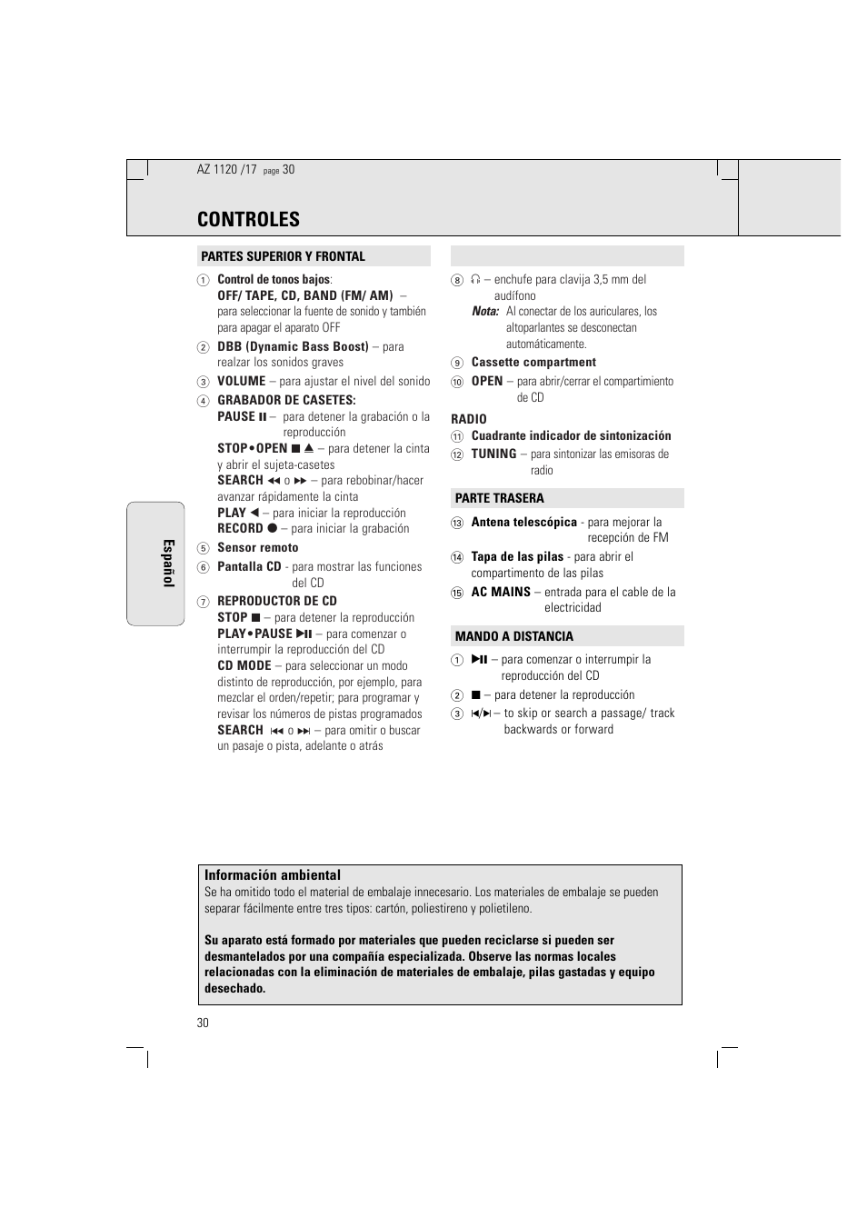 Controles | Philips PORTABLE RADIO CASS REC + CD User Manual | Page 30 / 38