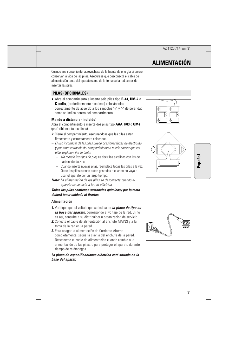 Alimentación | Philips PORTABLE RADIO CASS REC + CD User Manual | Page 31 / 38