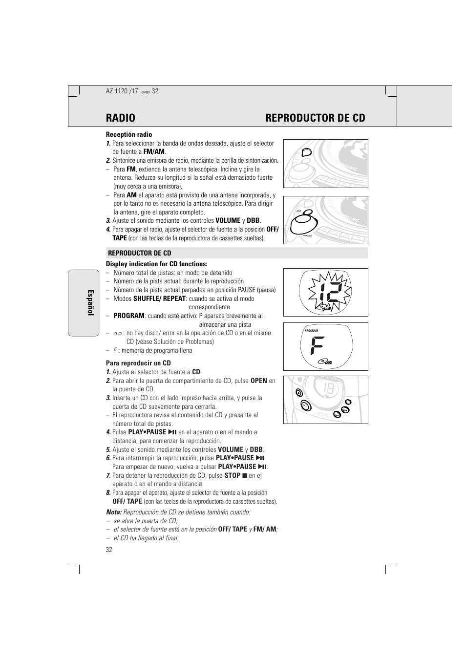 Radio reproductor de cd, Español | Philips PORTABLE RADIO CASS REC + CD User Manual | Page 32 / 38