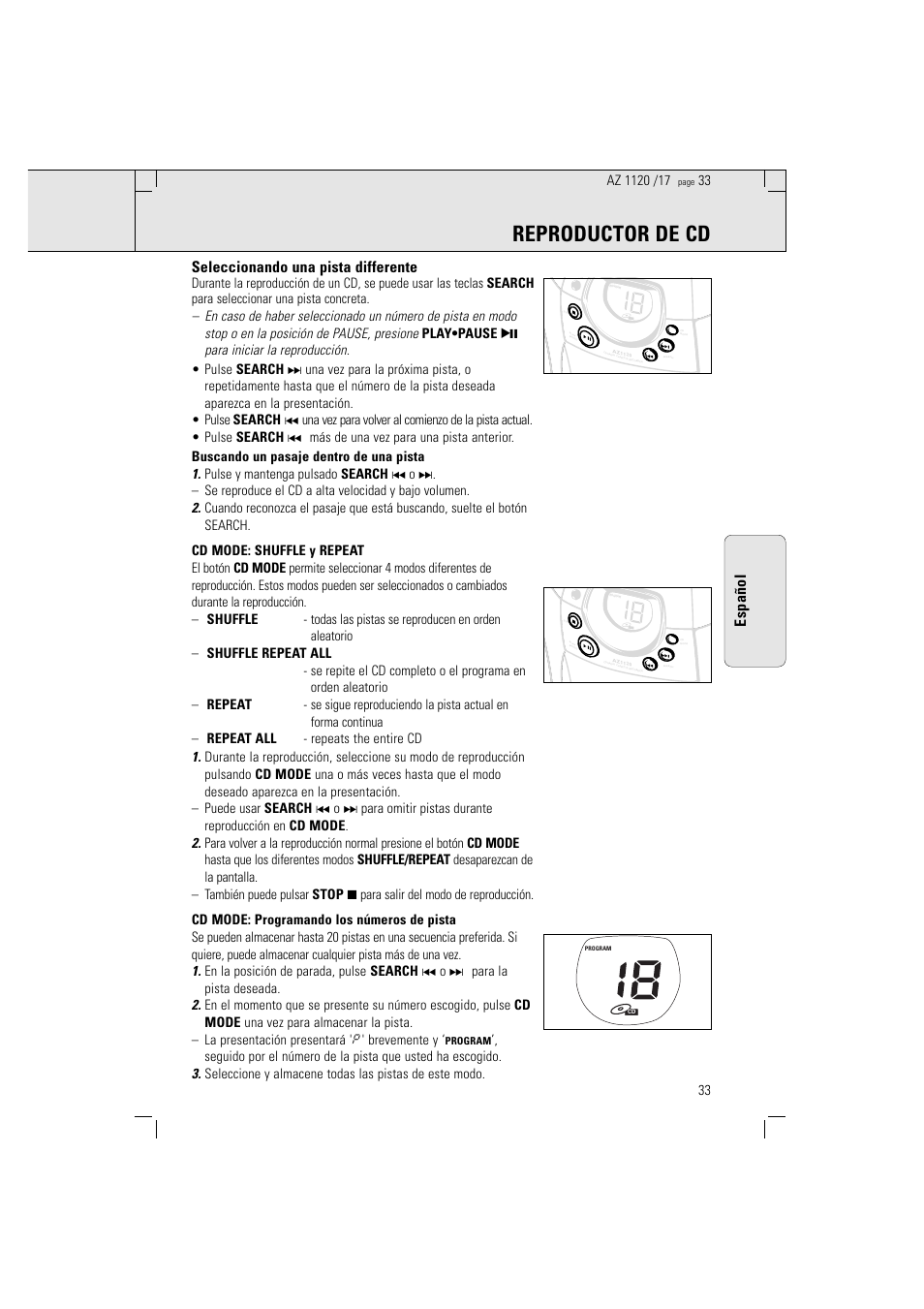 Reproductor de cd, Seleccionando una pista differente, Español | Philips PORTABLE RADIO CASS REC + CD User Manual | Page 33 / 38