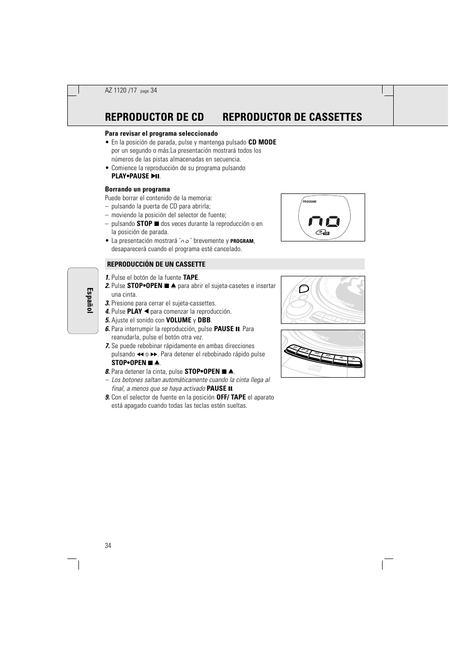 Reproductor de cd reproductor de cassettes, Español, Record | Philips PORTABLE RADIO CASS REC + CD User Manual | Page 34 / 38