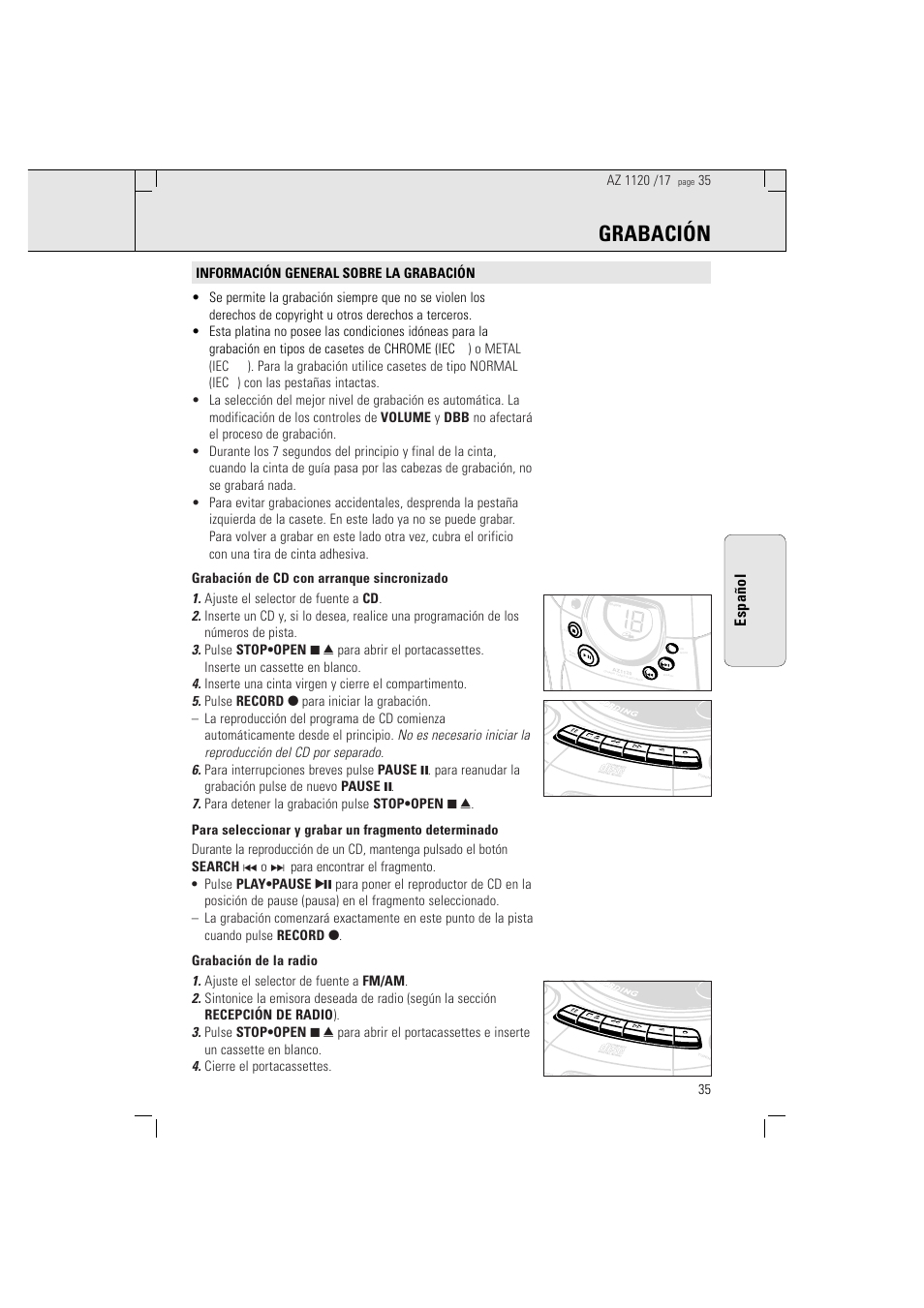 Grabación, Español, Record play | Philips PORTABLE RADIO CASS REC + CD User Manual | Page 35 / 38