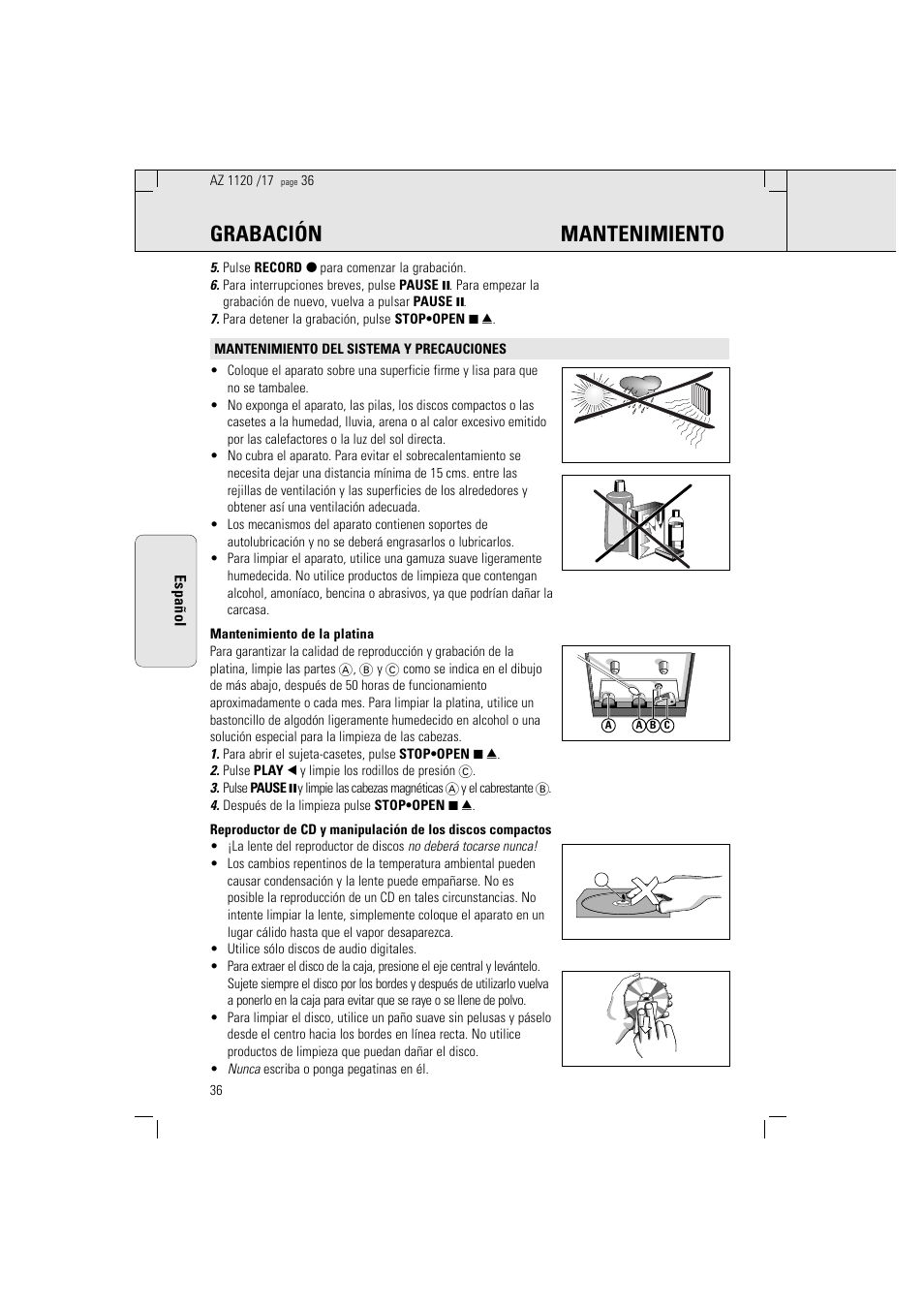 Grabación mantenimiento | Philips PORTABLE RADIO CASS REC + CD User Manual | Page 36 / 38