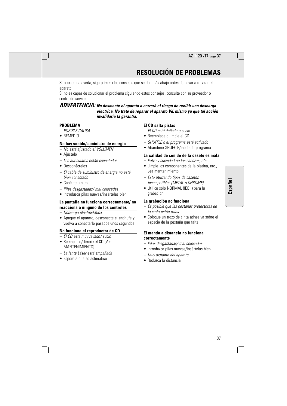 Resolución de problemas, Advertencia | Philips PORTABLE RADIO CASS REC + CD User Manual | Page 37 / 38