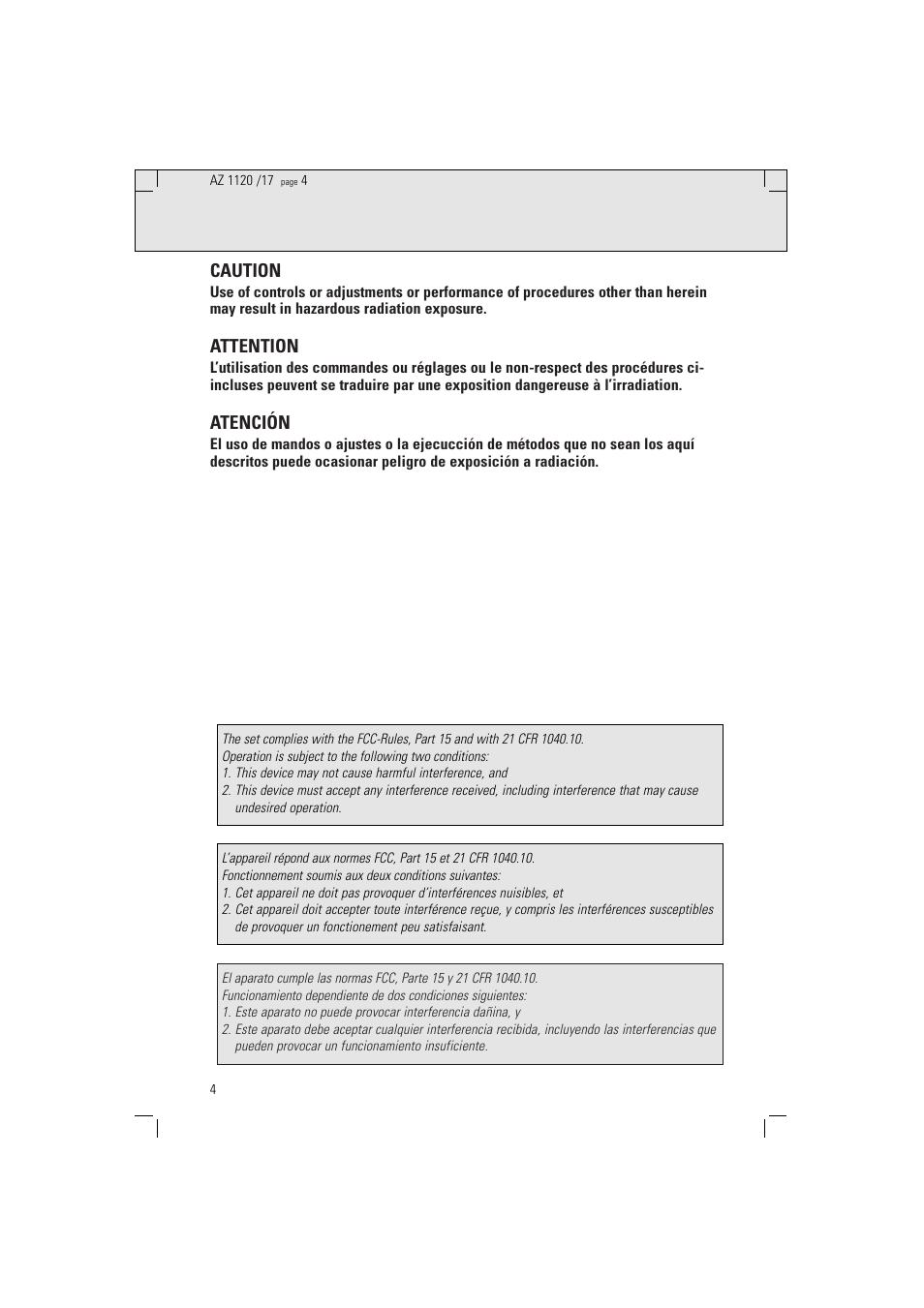 Caution, Attention, Atención | Philips PORTABLE RADIO CASS REC + CD User Manual | Page 4 / 38
