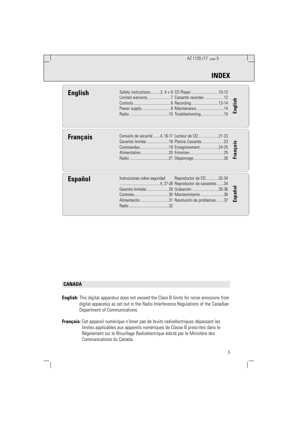 Index, English, Español | Français | Philips PORTABLE RADIO CASS REC + CD User Manual | Page 5 / 38