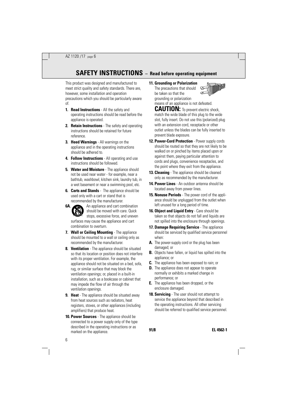 Safety instructions, Caution | Philips PORTABLE RADIO CASS REC + CD User Manual | Page 6 / 38