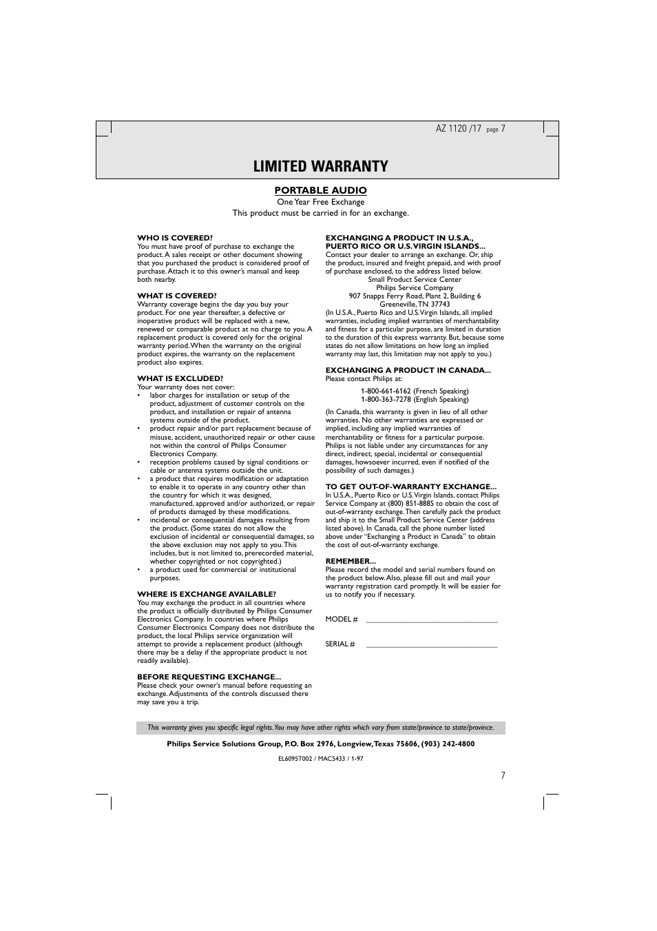 Limited warranty | Philips PORTABLE RADIO CASS REC + CD User Manual | Page 7 / 38