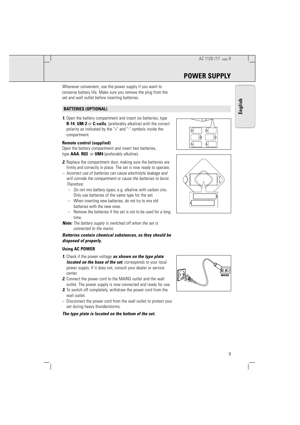 Power supply | Philips PORTABLE RADIO CASS REC + CD User Manual | Page 9 / 38