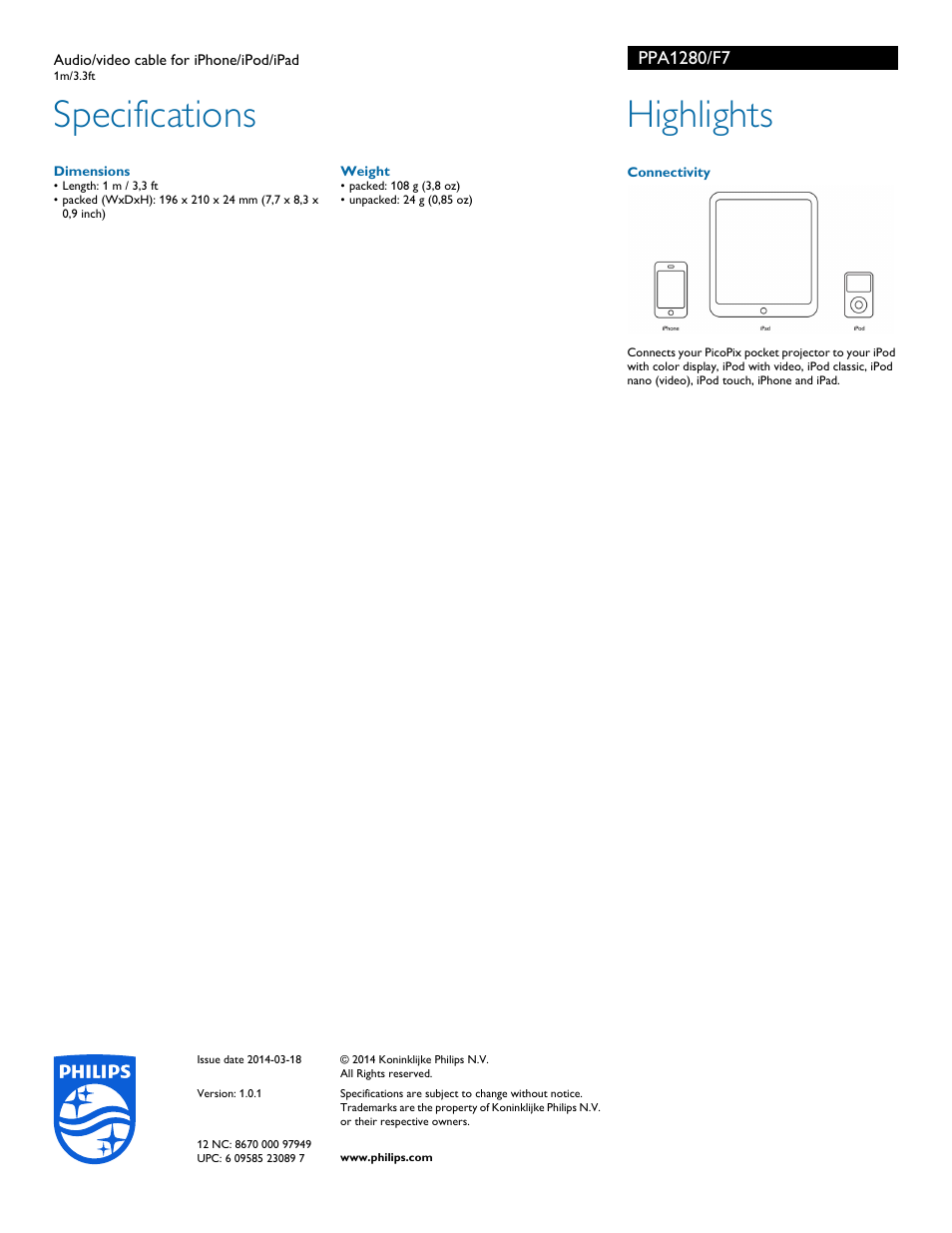 Specifications, Highlights | Philips PPA1280-F7 User Manual | Page 2 / 2