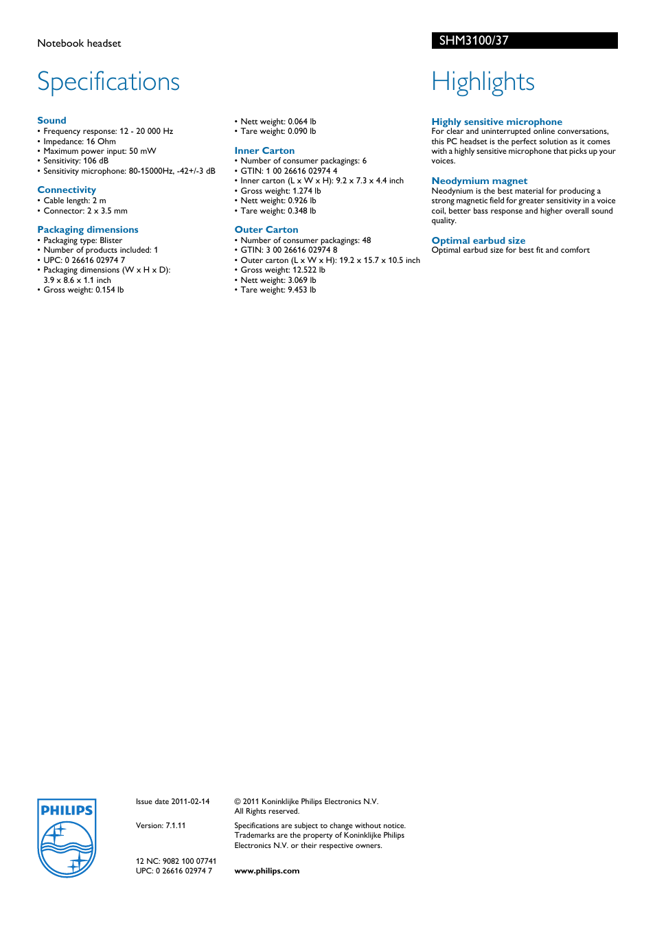 Specifications, Highlights | Philips SHM3100-37 User Manual | Page 2 / 2