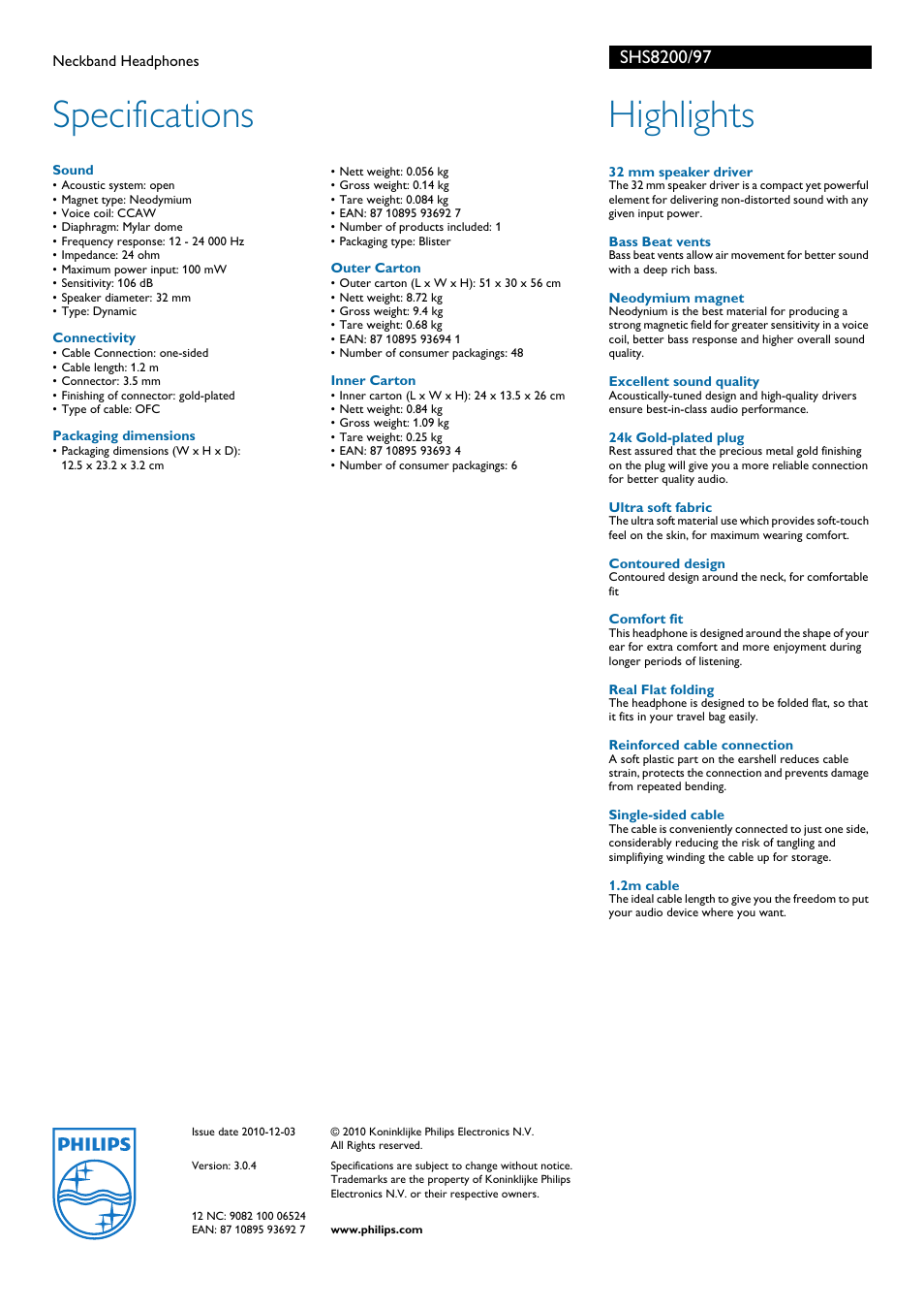 Specifications, Highlights | Philips SHS8200-97 User Manual | Page 2 / 2