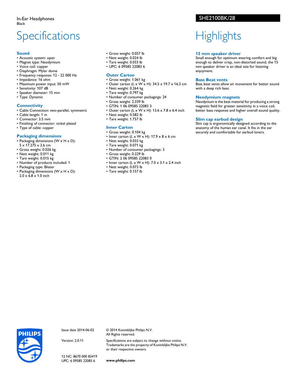 Specifications, Highlights | Philips SHE2100BK-28 User Manual | Page 2 / 2