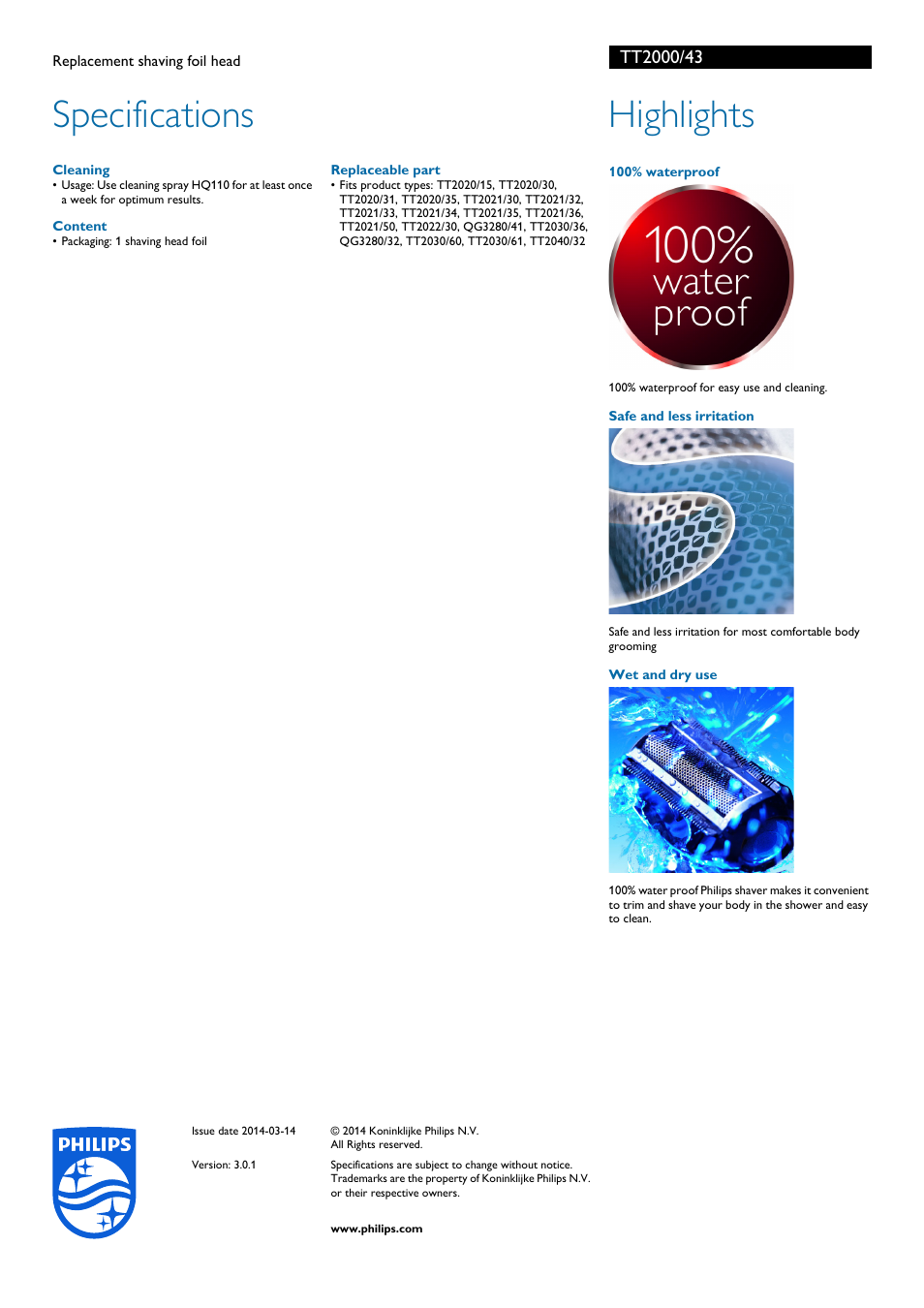 Specifications, Highlights | Philips TT2000-43 User Manual | Page 2 / 2