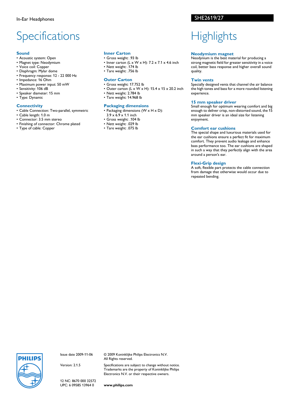 Specifications, Highlights | Philips SHE2619-27 User Manual | Page 2 / 2