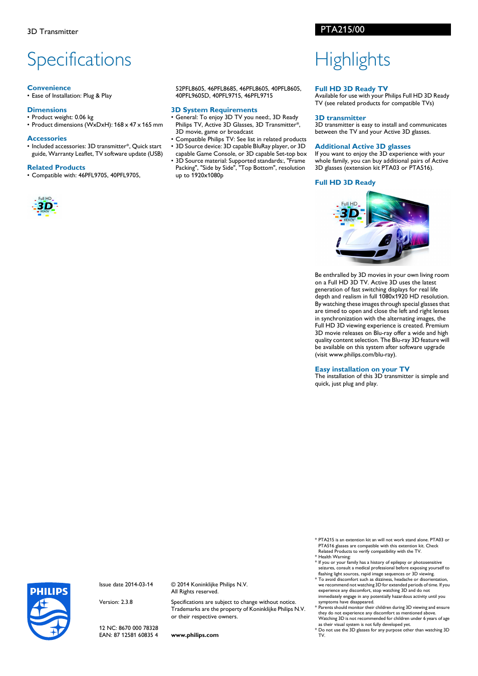 Specifications, Highlights | Philips 3D Transmitter PTA215 User Manual | Page 2 / 2