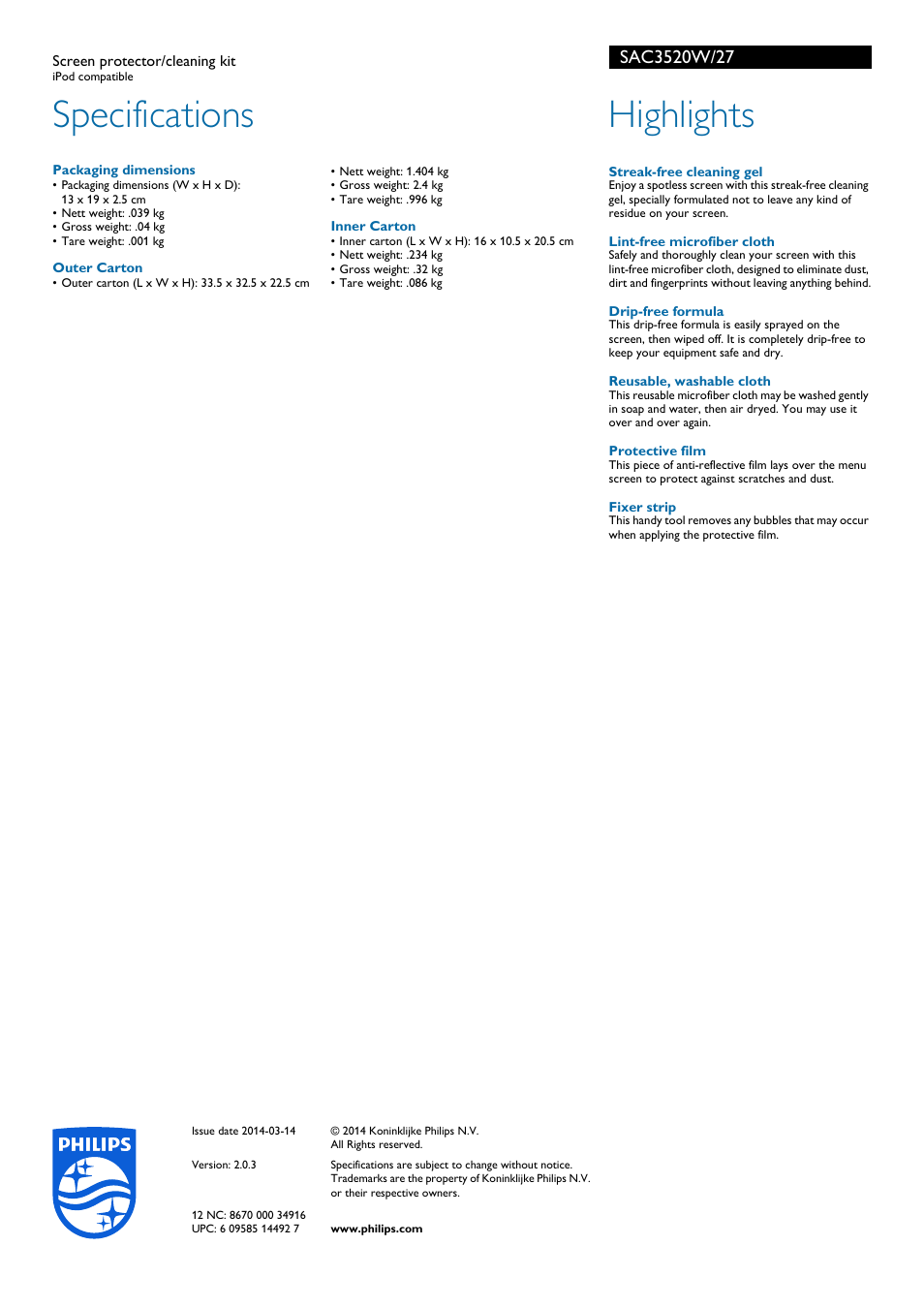 Specifications, Highlights | Philips SAC3520W-27 User Manual | Page 2 / 2