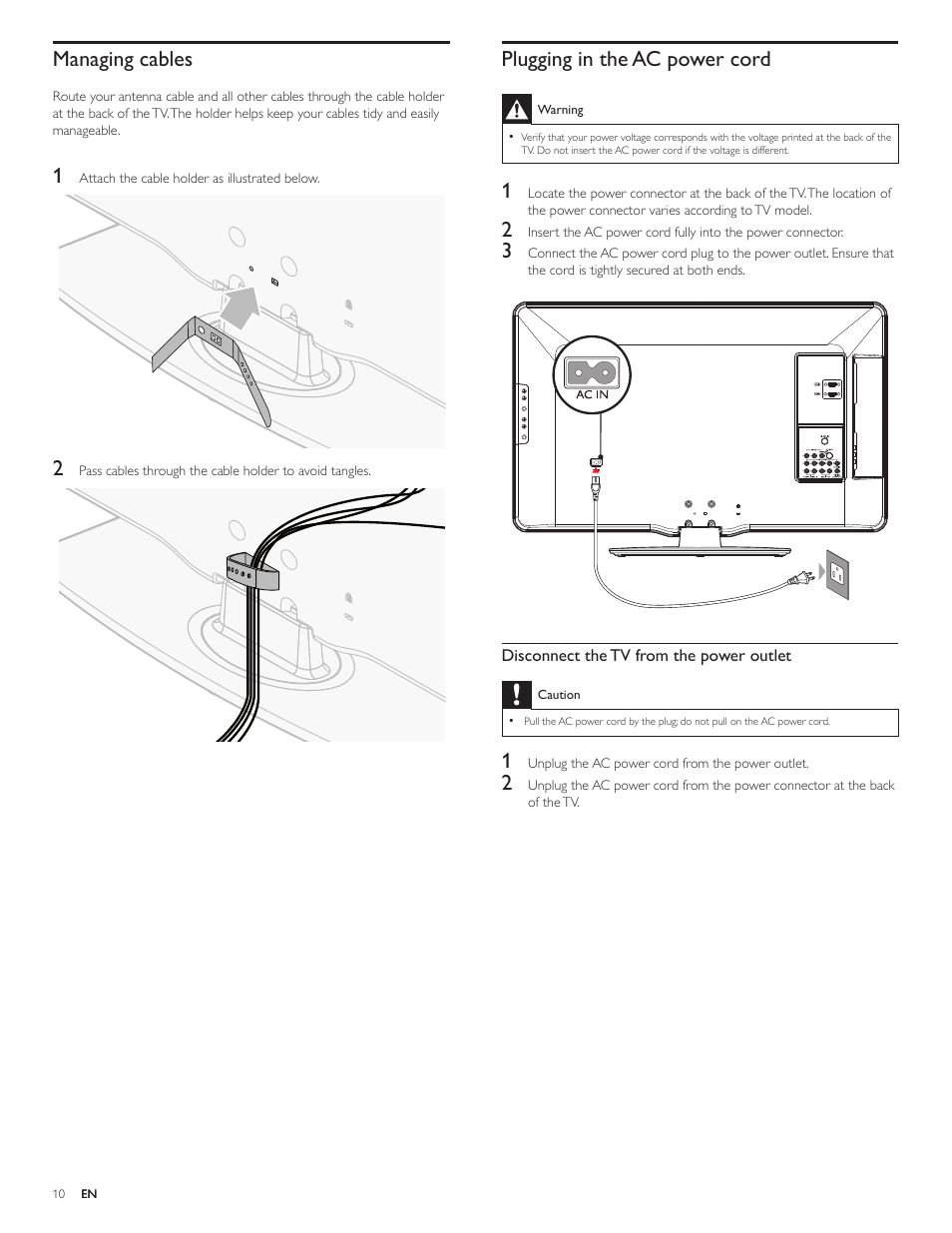 Plugging in the ac power cord, Managing cables | Philips 32PFL4505D-F7 User Manual | Page 11 / 38