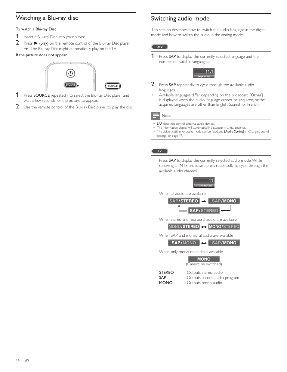 Switching audio mode, Watching a blu-ray disc | Philips 32PFL4505D-F7 User Manual | Page 15 / 38