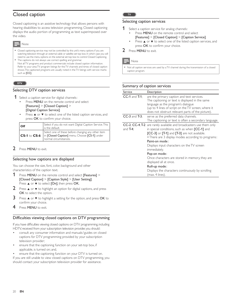 Closed caption | Philips 32PFL4505D-F7 User Manual | Page 21 / 38