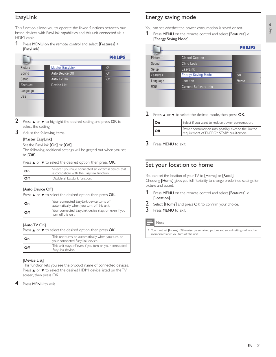 Energy saving mode, Set your location to home, Easylink | Philips 32PFL4505D-F7 User Manual | Page 22 / 38