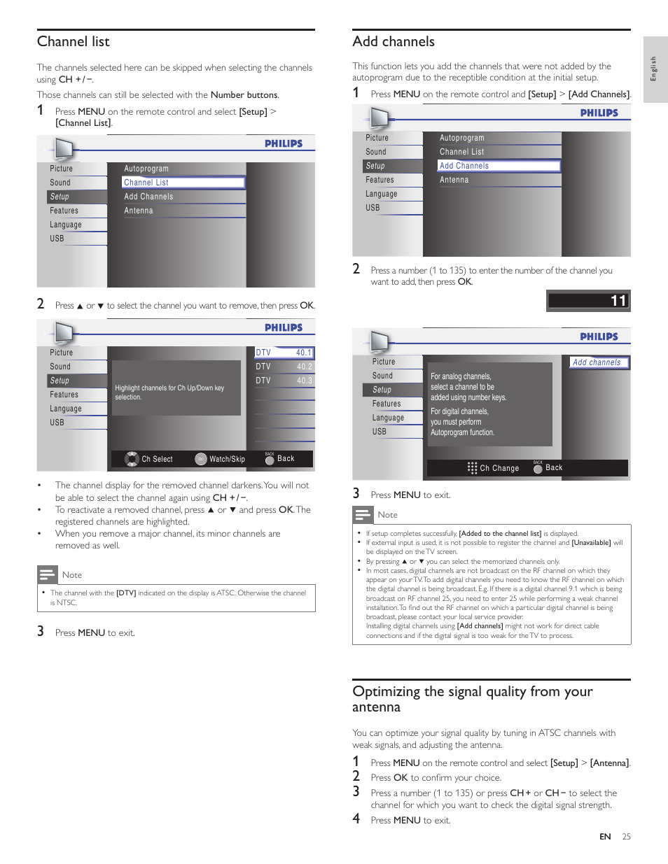 Add channels, Optimizing the signal quality from your antenna, Channel list | Philips 32PFL4505D-F7 User Manual | Page 26 / 38