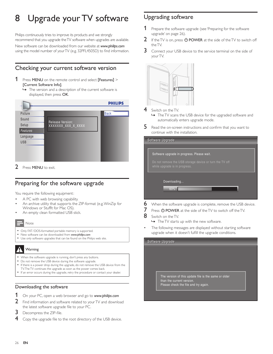 8 upgrade your tv software, Upgrading software 1, Checking your current software version 1 | Preparing for the software upgrade | Philips 32PFL4505D-F7 User Manual | Page 27 / 38