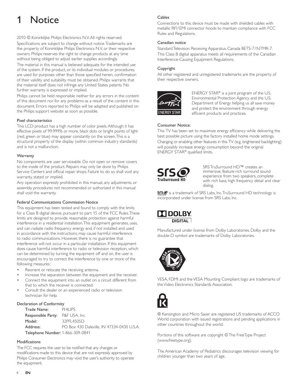 1 notice | Philips 32PFL4505D-F7 User Manual | Page 5 / 38