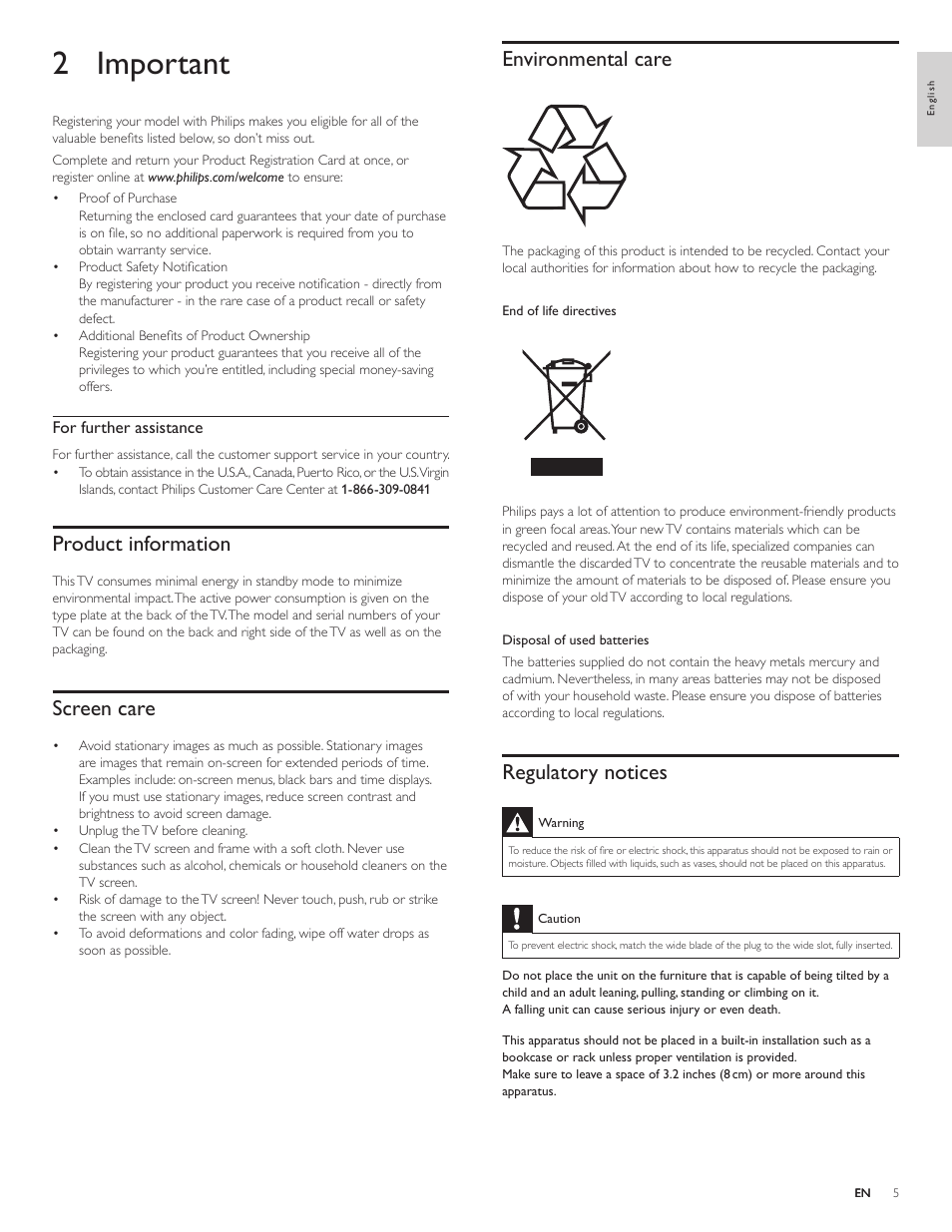 2 important, Environmental care, Regulatory notices | Product information, Screen care | Philips 32PFL4505D-F7 User Manual | Page 6 / 38