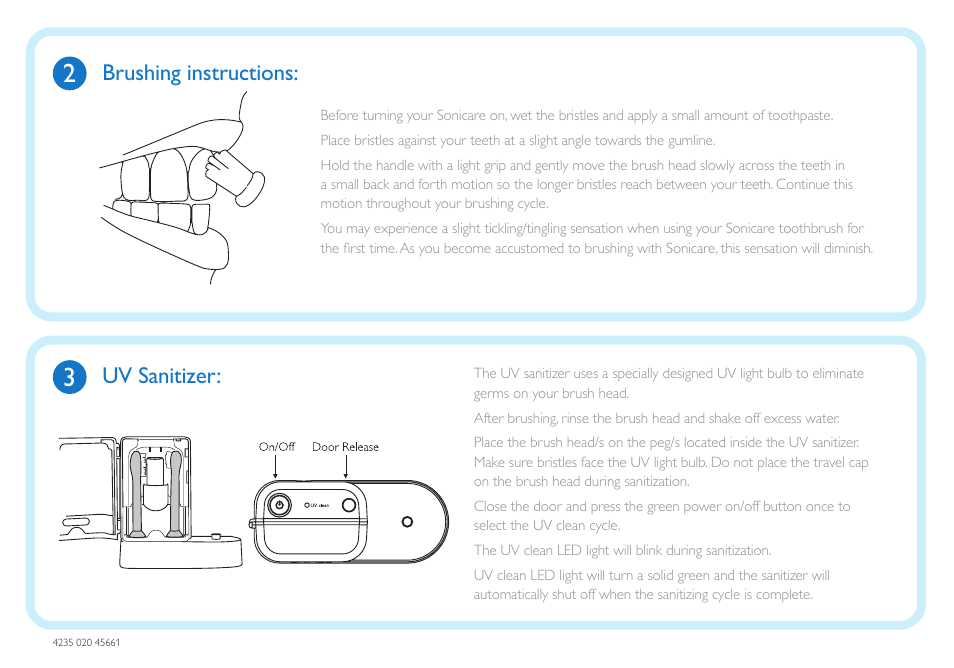 Brushing instructions, Uv sanitizer | Philips HX6733-80 User Manual | Page 2 / 2
