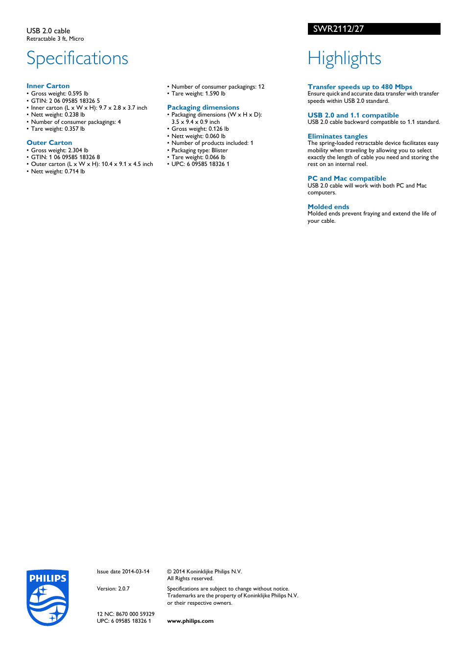 Specifications, Highlights | Philips SWR2112-27 User Manual | Page 2 / 2