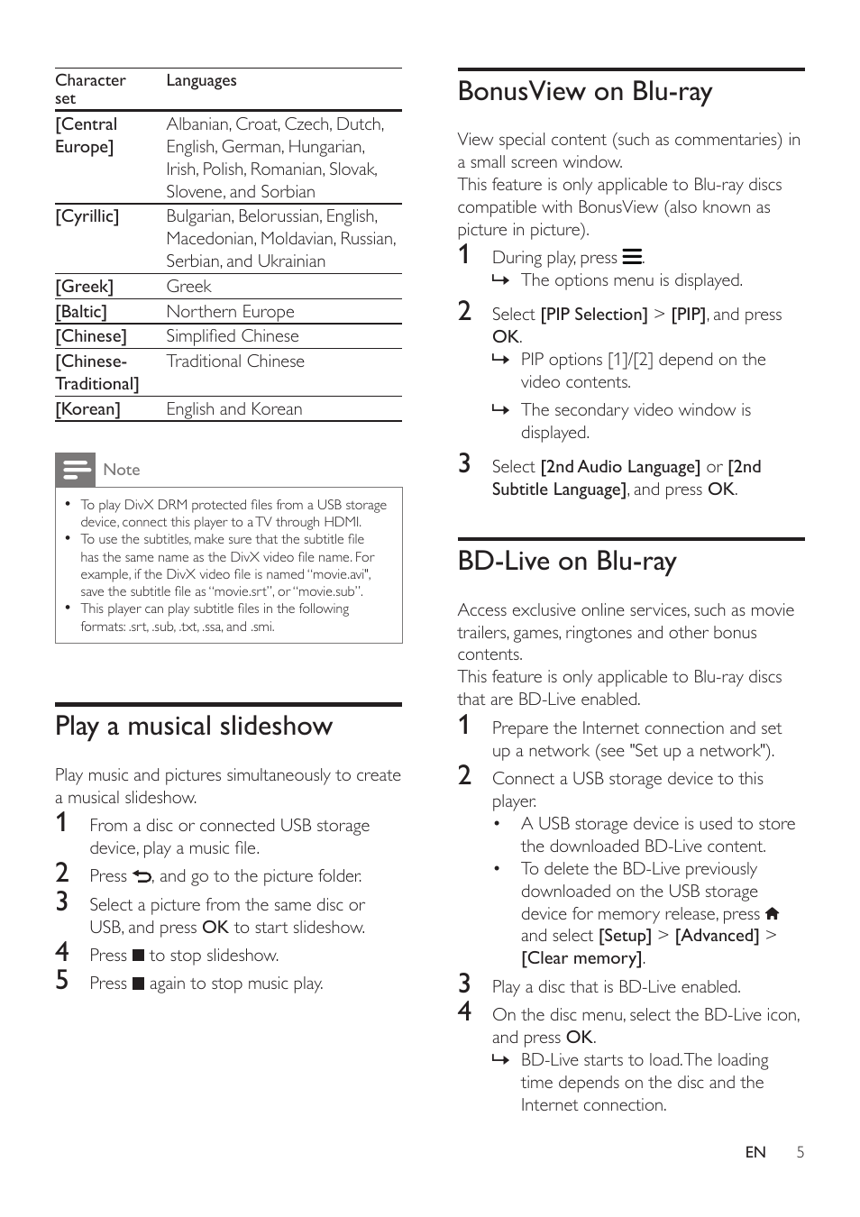 Play a musical slideshow, Bonusview on blu-ray, Bd-live on blu-ray | Philips BDP2285-F7 User Manual | Page 15 / 30