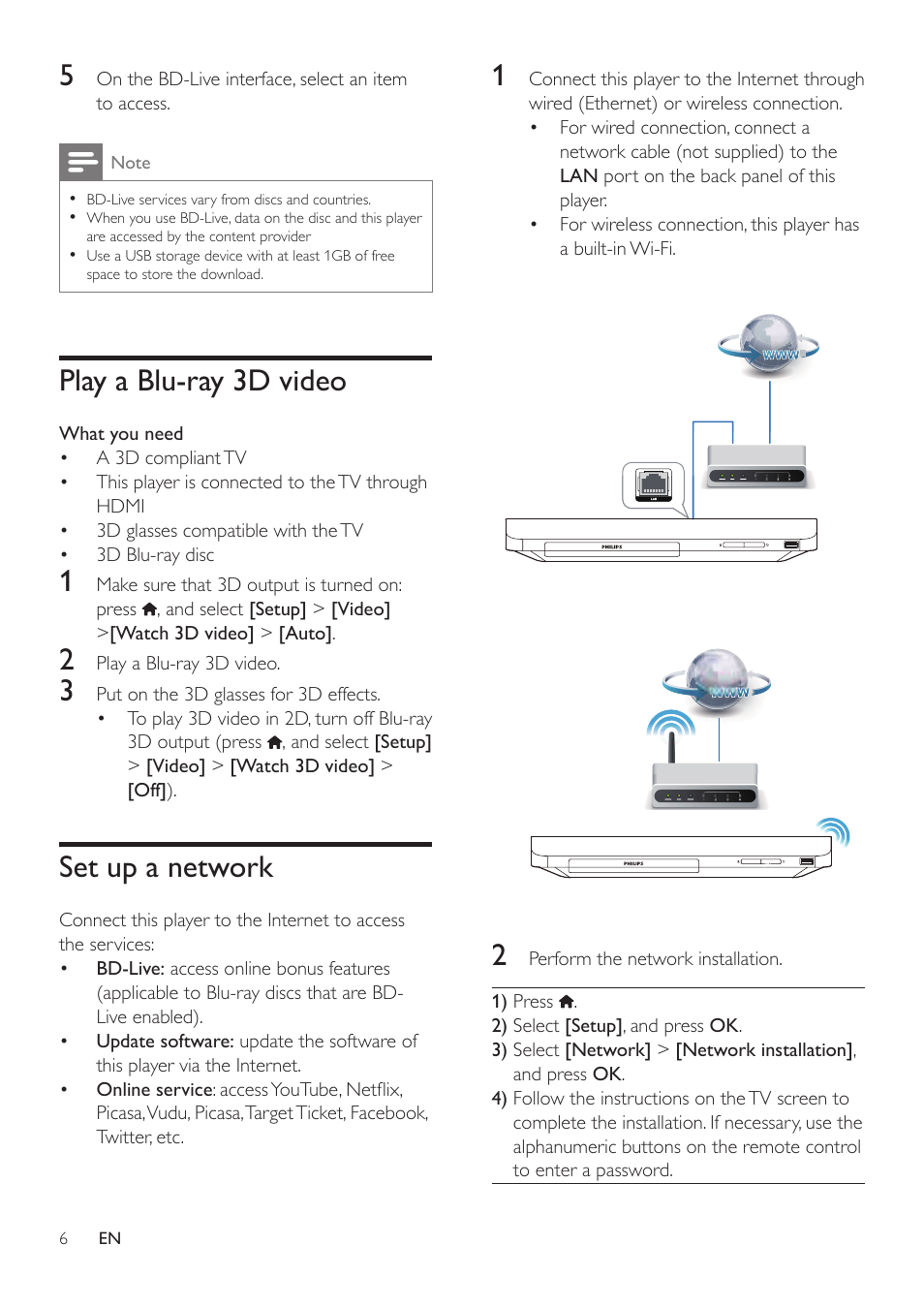 Play a blu-ray 3d video, Set up a network | Philips BDP2285-F7 User Manual | Page 16 / 30
