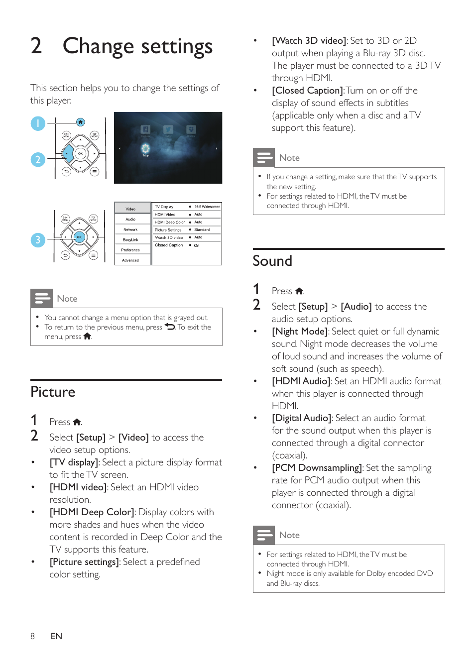 2 change settings, Picture, Sound | Picture 1, Sound 1 | Philips BDP2285-F7 User Manual | Page 18 / 30