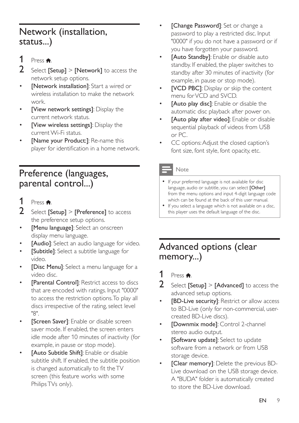 Network (installation, status...), Preference (languages, parental control...), Advanced options (clear memory...) | Preference (languages, parental control...) 9, Network (installation, status...) 1, Preference (languages, parental control...) 1 | Philips BDP2285-F7 User Manual | Page 19 / 30