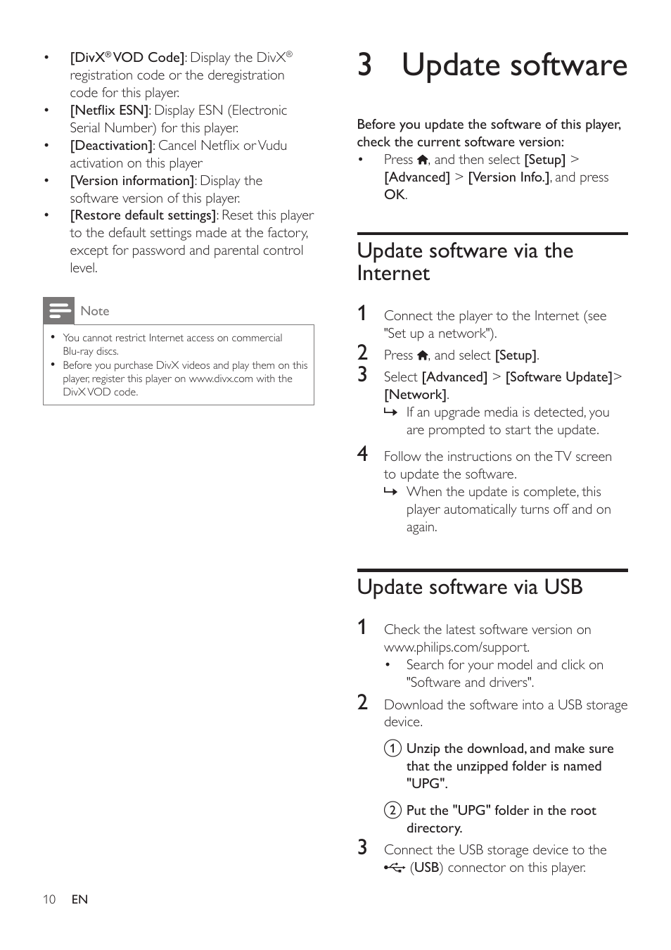 3 update software, Update software via the internet, Update software via usb | Update software via the internet 1, Update software via usb 1 | Philips BDP2285-F7 User Manual | Page 20 / 30