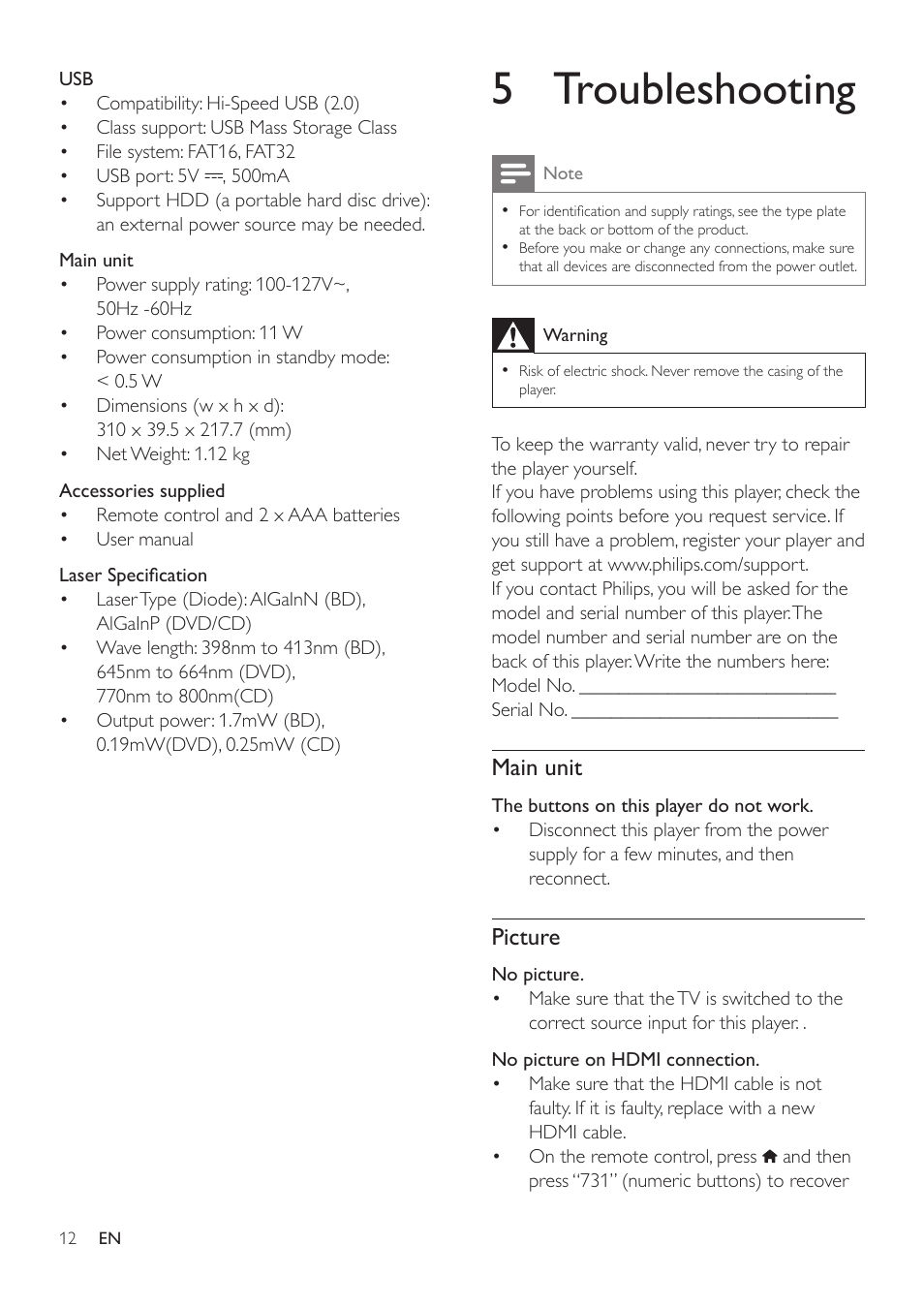 5 troubleshooting, Main unit, Picture | Philips BDP2285-F7 User Manual | Page 22 / 30