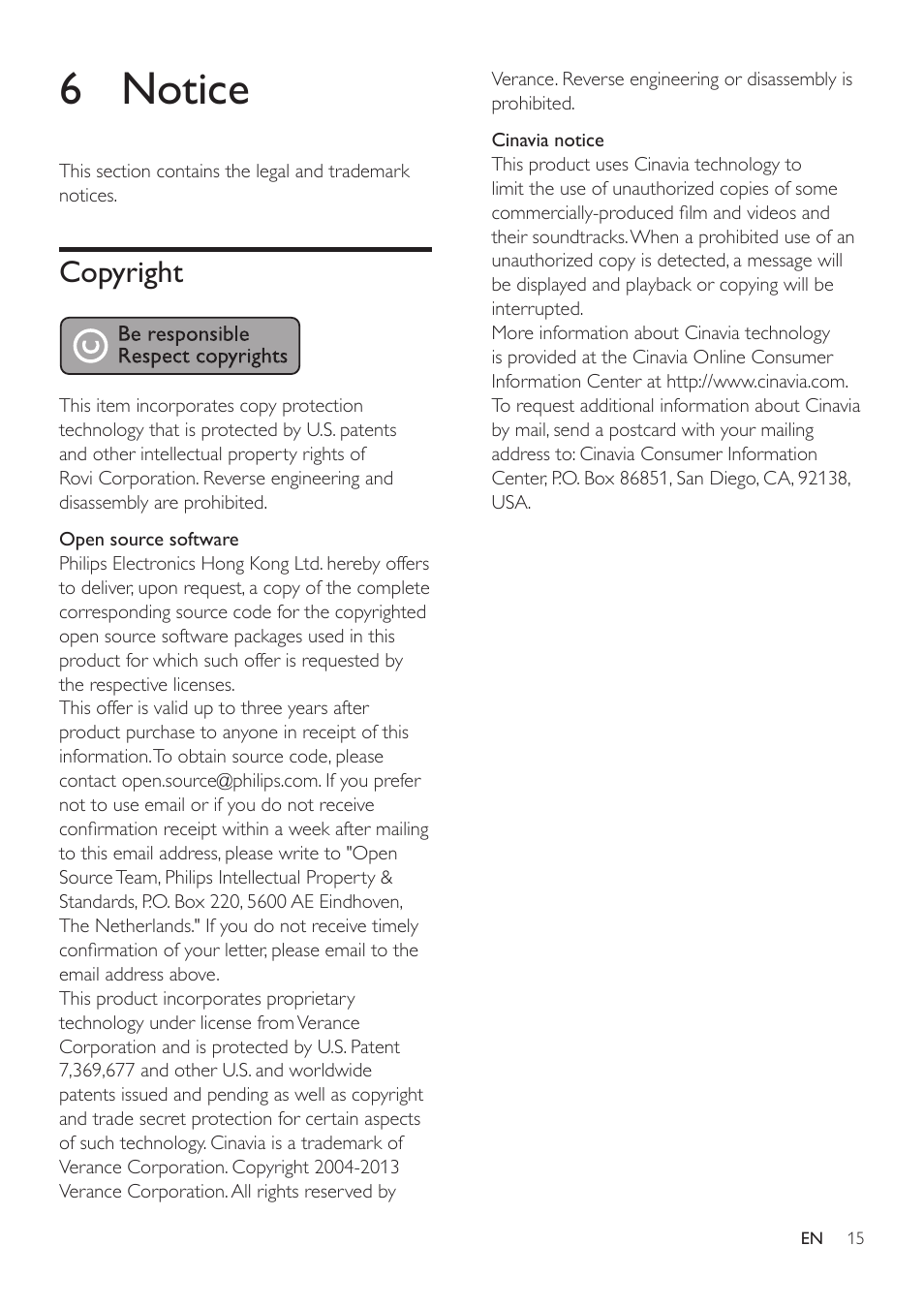 6 notice, Copyright | Philips BDP2285-F7 User Manual | Page 25 / 30