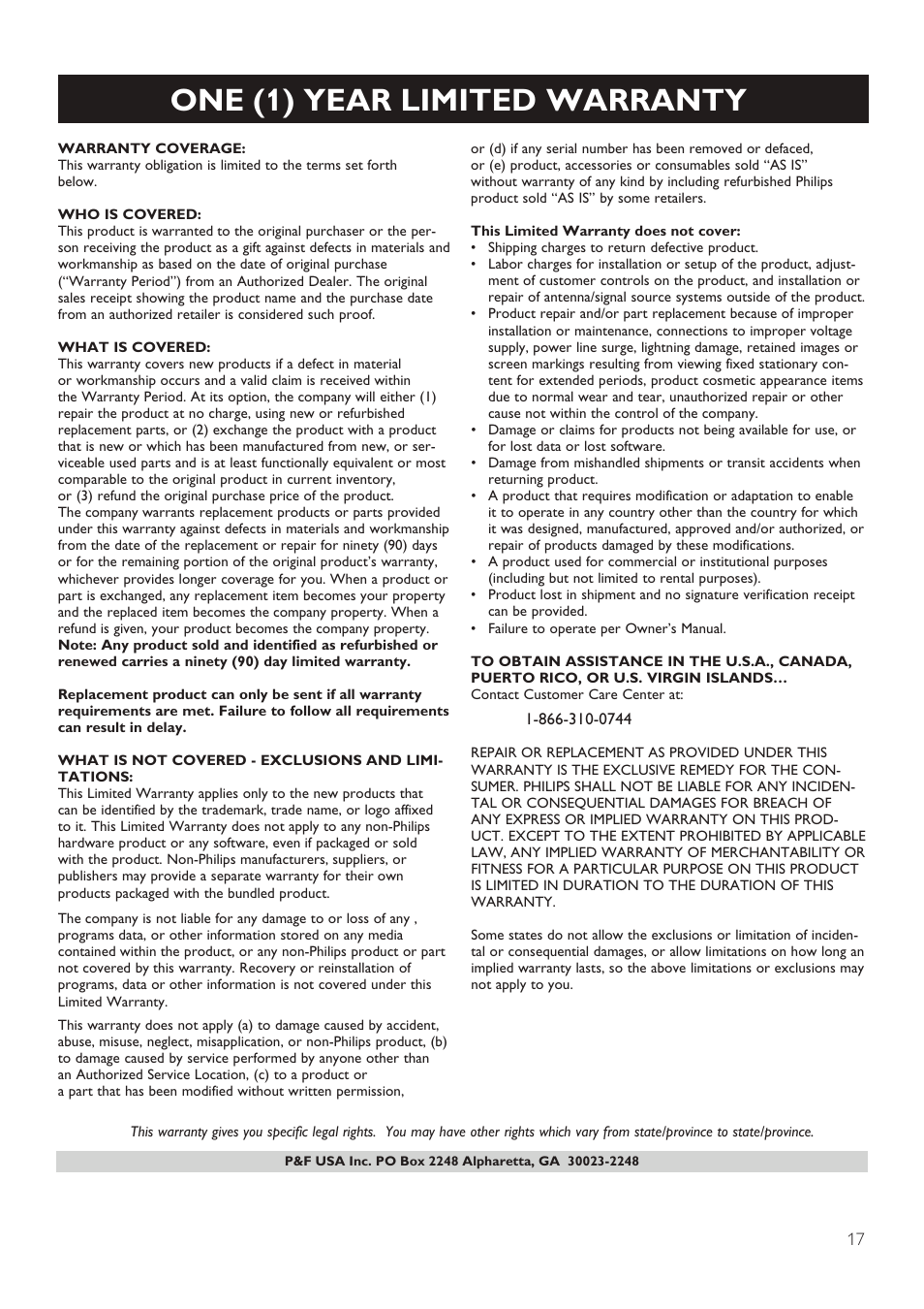 One (1) year limited warranty | Philips BDP2285-F7 User Manual | Page 27 / 30