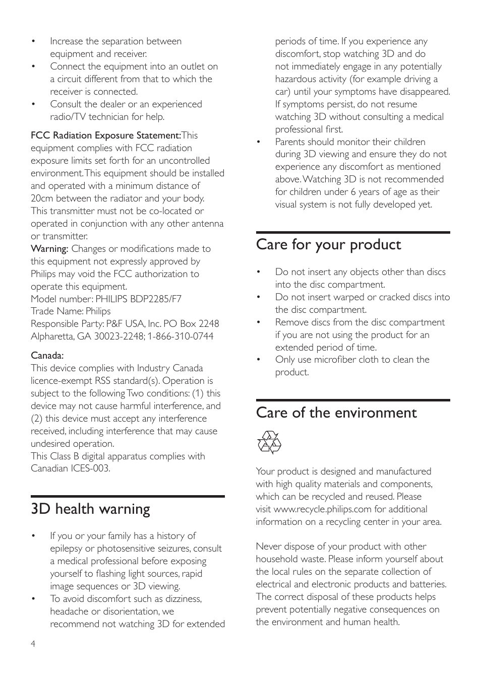 Care for your product, Care of the environment, 3d health warning | Philips BDP2285-F7 User Manual | Page 4 / 30