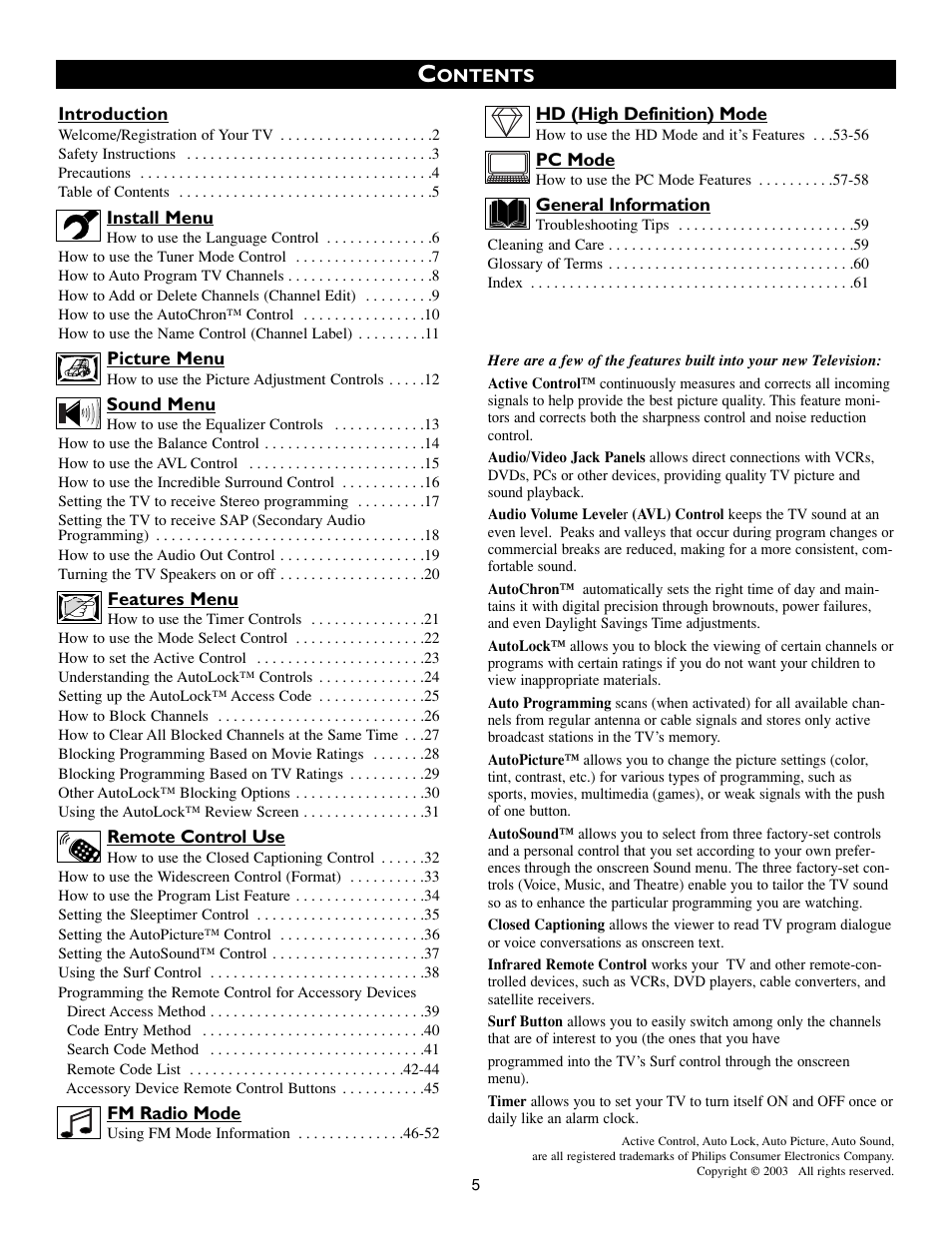 Philips Matchline Flat TV 15PF9945 15" LCD HDTV monitor with Crystal Clear III User Manual | Page 5 / 62