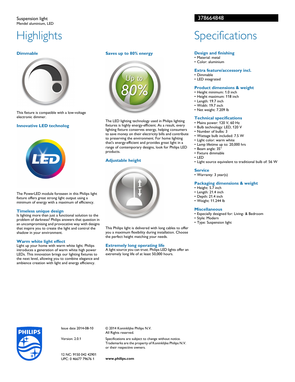 Highlights, Specifications | Philips 378664848 User Manual | Page 2 / 2