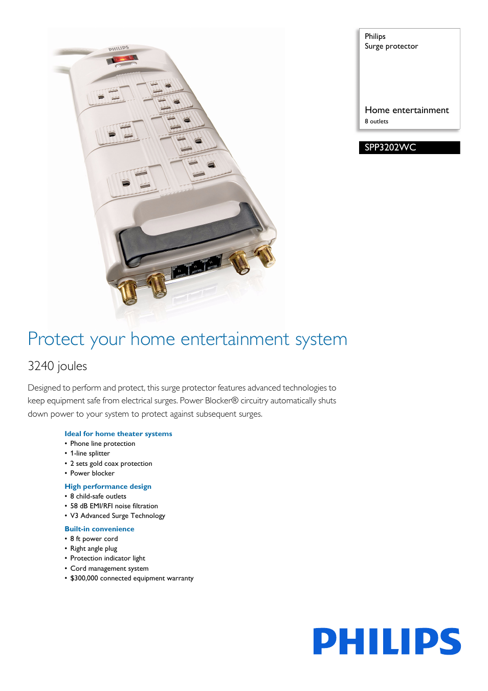 Philips Surge protector SPP3202WC Home entertainment 8 outlets User Manual | 2 pages