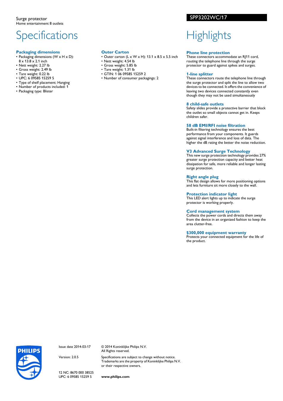 Specifications, Highlights | Philips Surge protector SPP3202WC Home entertainment 8 outlets User Manual | Page 2 / 2