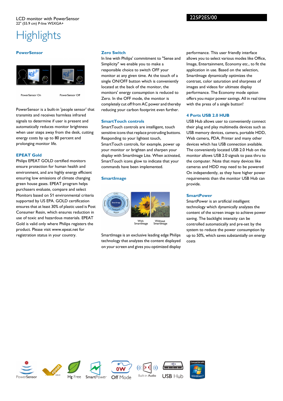 Highlights | Philips Brilliance LCD monitor with PowerSensor 225P2ES 22'' 55.9 cm P-line WSXGA+ User Manual | Page 2 / 3